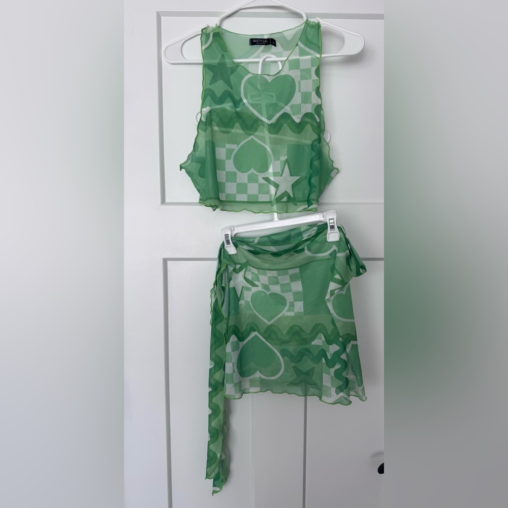 Nasty Gal Mint Green Sheer Heart & Star Two-Piece Set